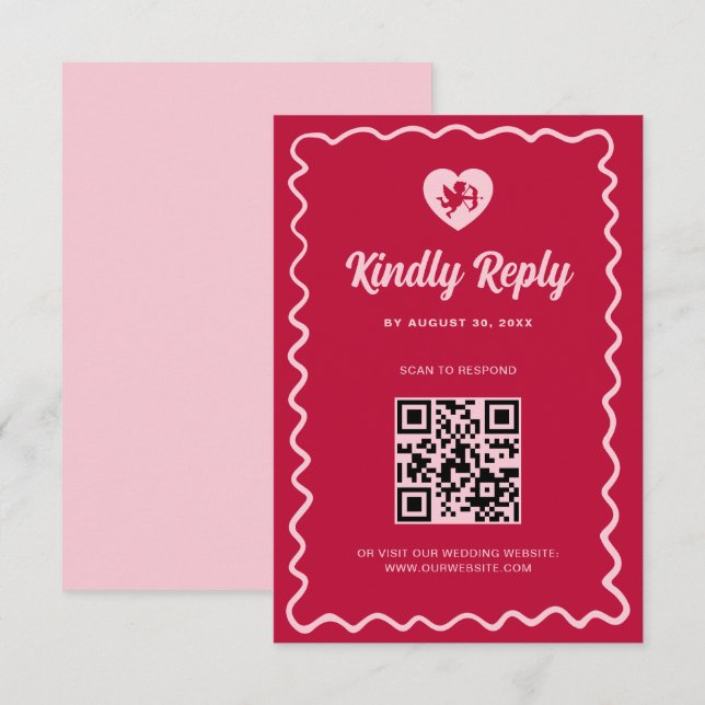 Cartons Réponse Code QR de mariage Cupidon Rose Rouge Cadre Vague  (Devant / Derrière)