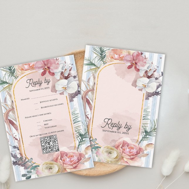 Cartons Réponse Code QR de mariage de destination pour l'orchidée  (Tropical Orchid QR Code RSVP Card | Blush Floral Destination Beach Wedding Response)