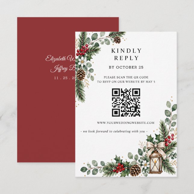 Cartons Réponse Code QR de mariage de Noël en baies de pin hiverna (Devant / Derrière)