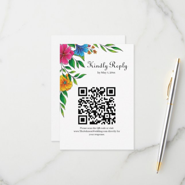 Cartons Réponse Code QR de mariage de printemps-été Fleur Brillant (Devant/Arrière en situation)