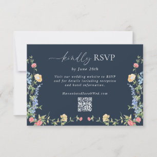 Cartons Réponse Code QR de mariage délicat Boho Wildflower Bleu Nu