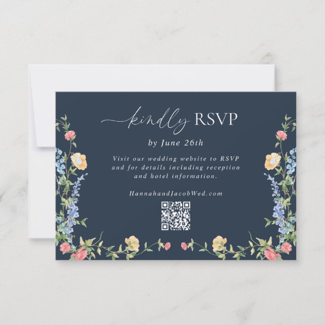 Cartons Réponse Code QR de mariage délicat Boho Wildflower Bleu Nu (Devant)