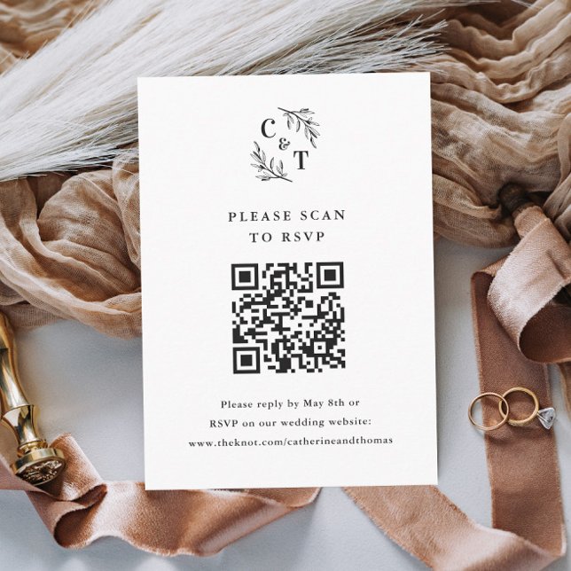 Cartons Réponse Code QR de mariage élégant avec monogramme et feui (Elegant Wedding Monogram Black and White Wedding Invitation RSVP Enclosure Card.)