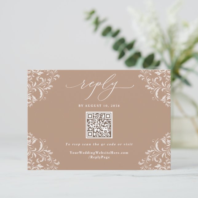 Cartons Réponse Code QR de mariage élégant beige taupe neutre (Debout devant)