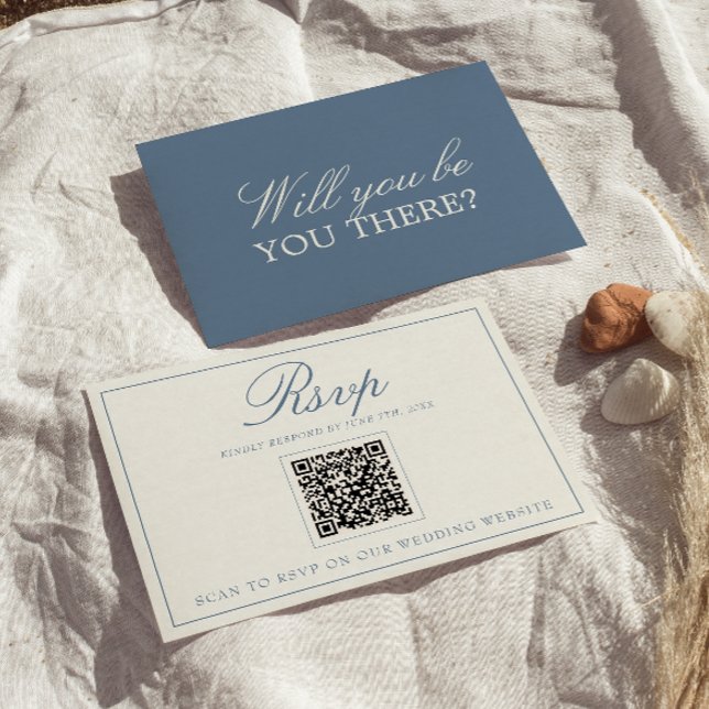 Cartons Réponse Code QR de mariage élégant bleu et blanc à l'ancie (Créateur téléchargé)