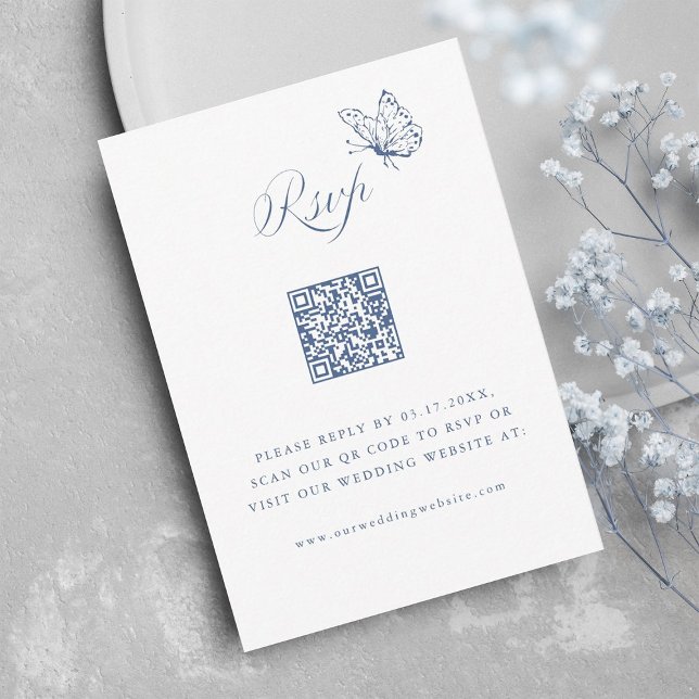 Cartons Réponse Code QR de mariage élégant calligraphié bleu pouss (Créateur téléchargé)