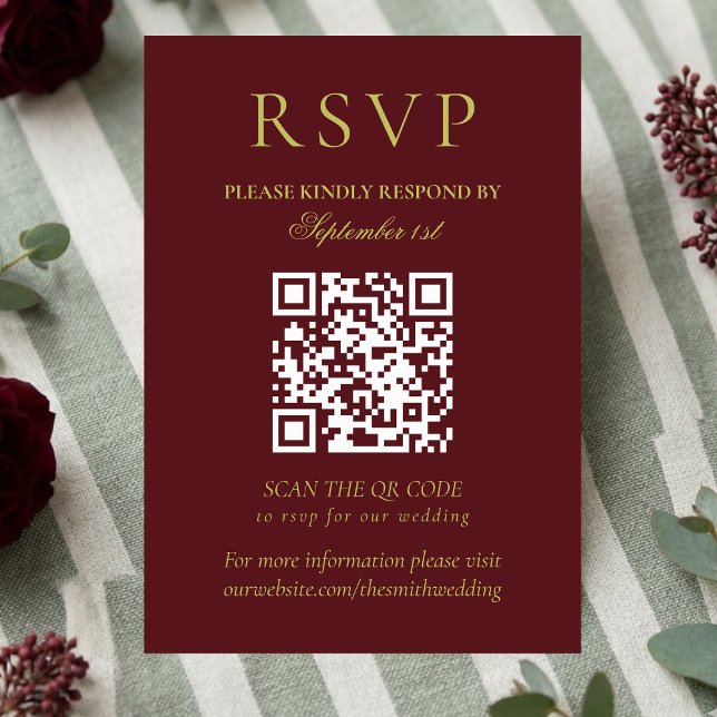 Cartons Réponse Code QR de mariage élégant Chartreuse Bourgogne (Elegant Chartreuse Burgundy Wedding QR Code RSVP Card)
