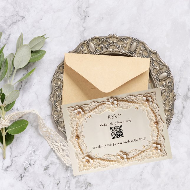 Cartons Réponse Code QR de mariage élégant en dentelle de perles d (Créateur téléchargé)