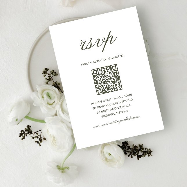 Cartons Réponse Code QR de mariage élégant et poussiéreux vert Cla (Elegant dusty green QR code RSVP cards make guest responses simple and beautifully organized.)