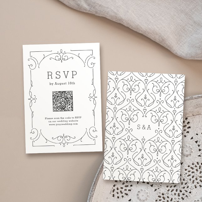 Cartons Réponse Code QR de mariage élégant moderne classique vinta (Elegant modern classic vintage wedding QR code RSVP Card)