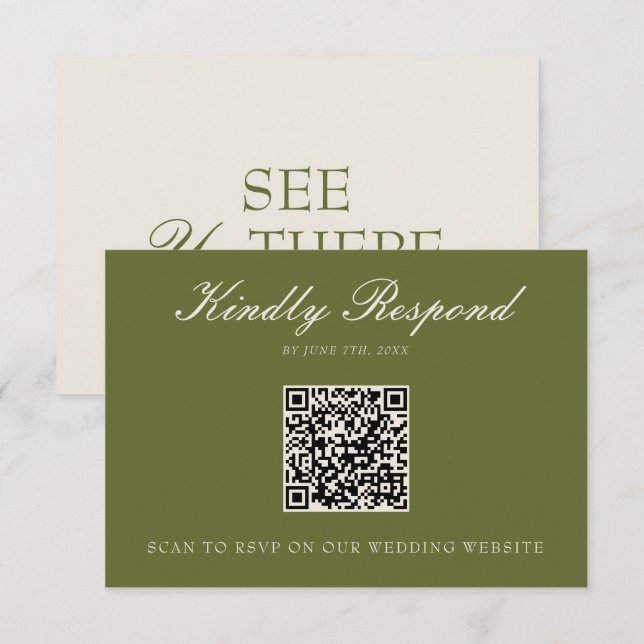 Cartons Réponse Code QR de mariage élégant vert olive d'argent de  (Devant / Derrière)