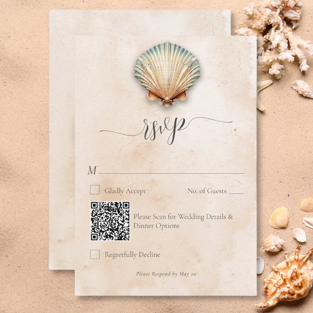 Cartons Réponse Code QR de mariage en sable de coquillages côtiers (Modern Coastal Seashell Sand Wedding QR Code RSVP Card)