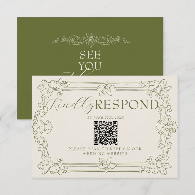 Cartons Réponse Code QR de mariage Fancy Olive Green Floral Old Mo (Devant / Derrière)