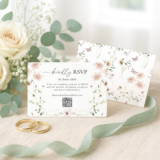Cartons Réponse Code QR de mariage Fleur sauvage délicate (Créateur téléchargé)