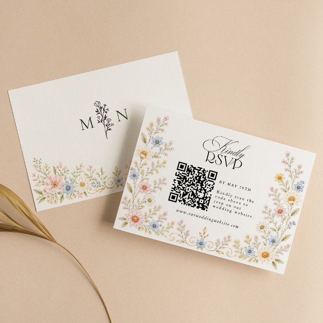 Cartons Réponse Code QR de mariage floral aquarelle de fleurs sauv (Créateur téléchargé)