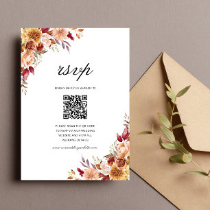Cartons Réponse Code QR de mariage floral aquarelle rouge Bourgogn