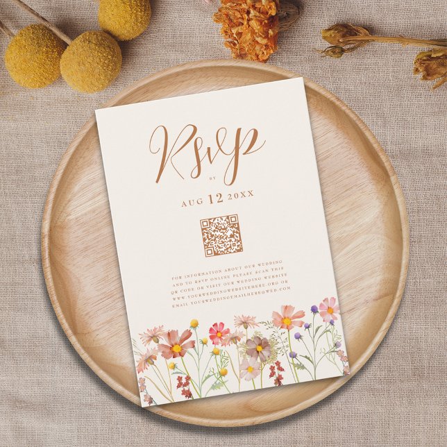 Cartons Réponse Code QR de mariage floral automnal boho en terre c (Boho Wildflower meadow fall Wedding RSVP QR code for online wedding website reply)