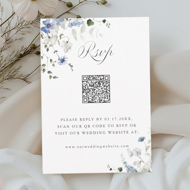 Cartons Réponse Code QR de mariage floral bleu blanc vert aquarell (Créateur téléchargé)