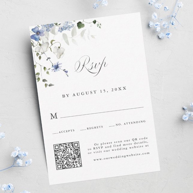 Cartons Réponse Code QR de mariage floral bleu blanc vert élégant (Créateur téléchargé)