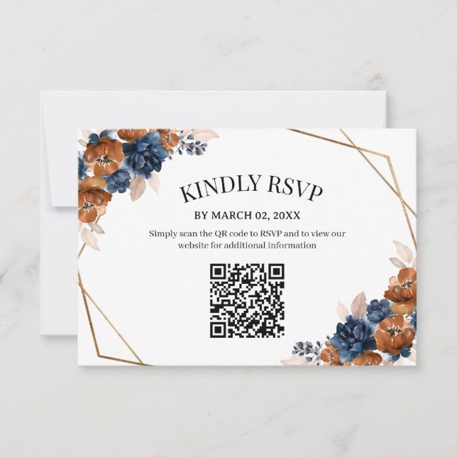 Cartons Réponse Code QR de mariage floral bleu terracotta  (Devant)