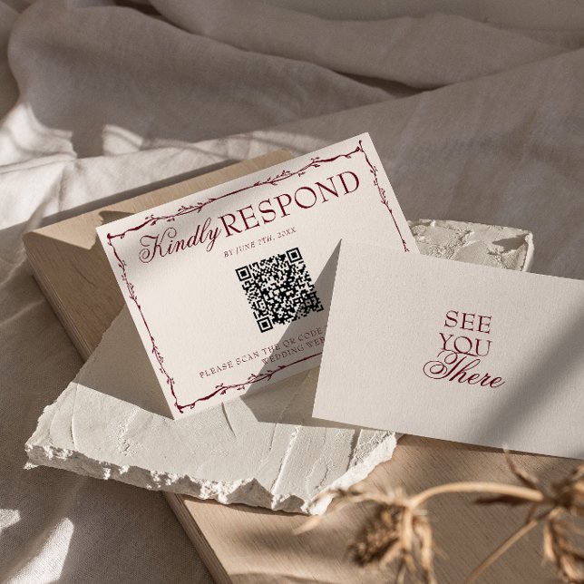 Cartons Réponse Code QR de mariage floral burgundy chic et argent  (Créateur téléchargé)