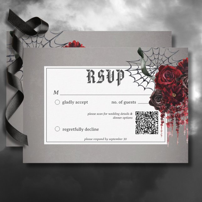Cartons Réponse Code QR de mariage floral rouge effrayant Love & B (Love & Bones Spooky Red Floral Wedding Response Card with QR Code)