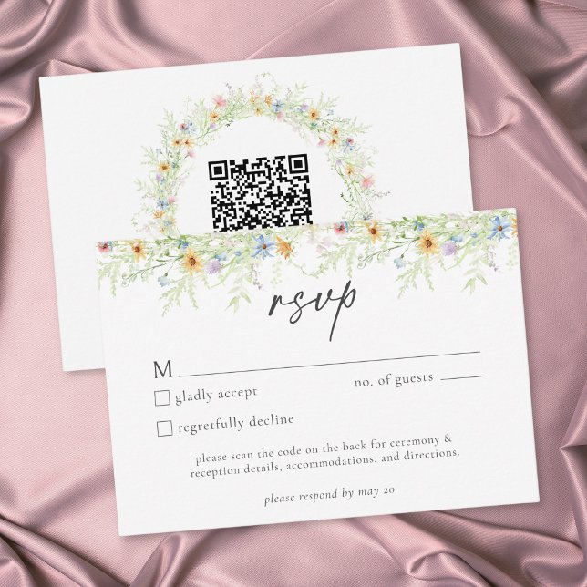 Cartons Réponse Code QR de mariage floral rustique de jardin de fl (Wildflower Garden Rustic Floral Wedding QR Code RSVP Card)