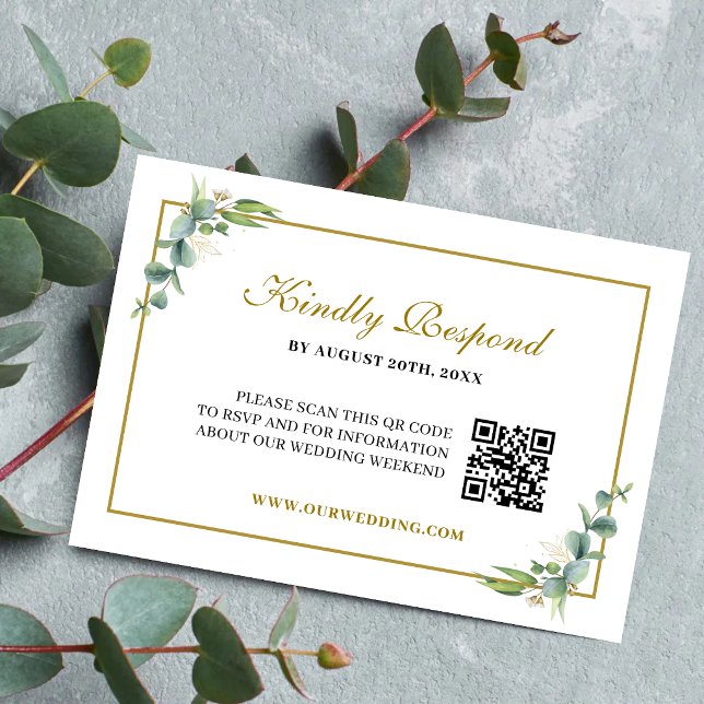 Cartons Réponse Code QR de mariage géométrique à feuillage d'eucal (Eucalyptus greenery QR Code RSVP card makes guest replies easy with modern elegance.)