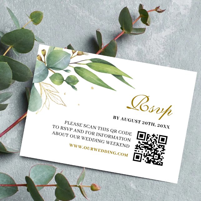 Cartons Réponse Code QR de mariage géométrique à feuillage d'eucal (Eucalyptus greenery QR Code RSVP card simplifies guest replies with modern botanical style.)