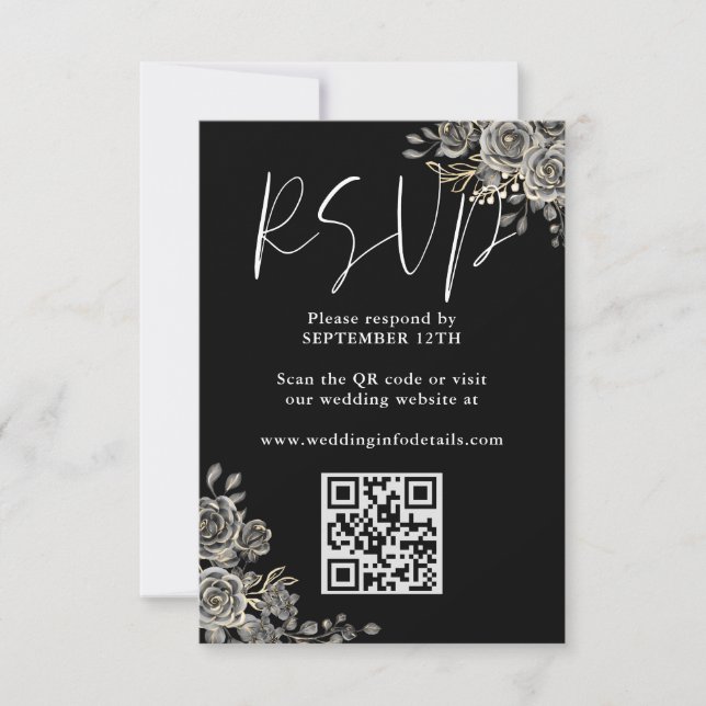 Cartons Réponse Code QR de mariage gothique floral noir et blanc (Devant)