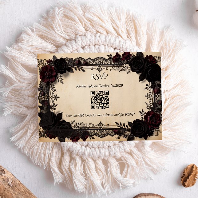 Cartons Réponse Code QR de mariage gothique noir en dentelle victo (Créateur téléchargé)