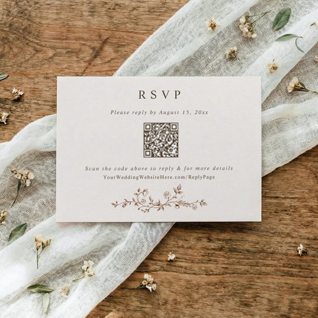 Cartons Réponse Code QR de mariage marron et crème victorien vinta (Vintage French brown wedding QR code RSVP card with elegant chinoiserie floral frame)
