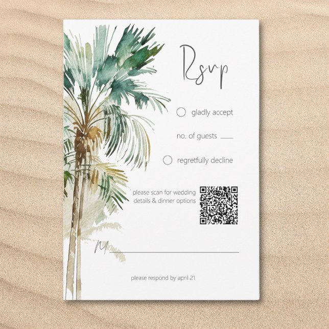 Cartons Réponse Code QR de mariage moderne aux palmiers tropicaux (Tropical Palm Trees Modern Wedding QR Code RSVP Card)