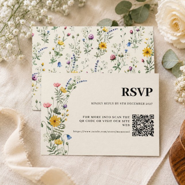 Cartons Réponse Code QR de mariage moderne boho Wildflower  (Créateur téléchargé)