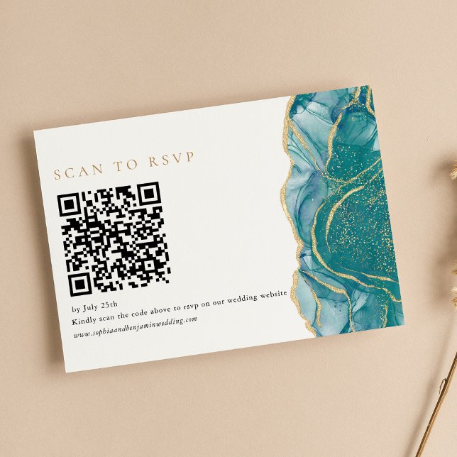 Cartons Réponse Code QR de mariage moderne en agate dorée turquois (Créateur téléchargé)