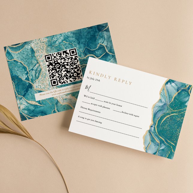 Cartons Réponse Code QR de mariage moderne en agate dorée turquois (Créateur téléchargé)