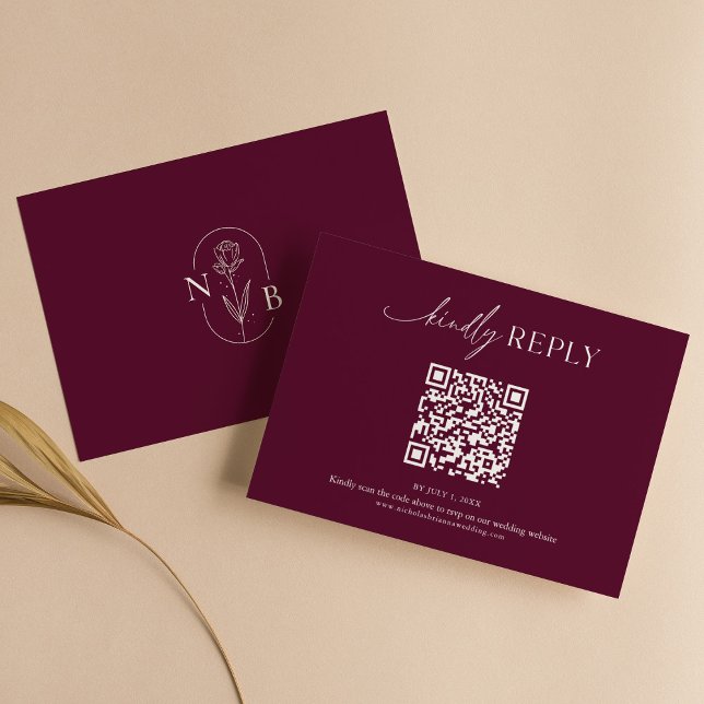 Cartons Réponse Code QR de mariage moderne minimal burgundy boho (Créateur téléchargé)
