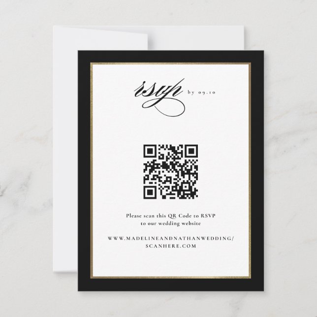 Cartons Réponse Code QR de mariage noir et or Elegant Script (Devant)