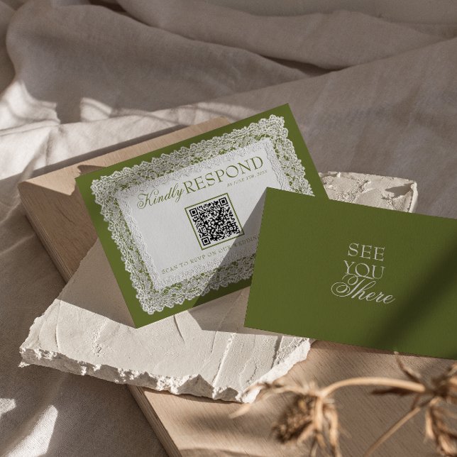 Cartons Réponse Code QR de mariage Olive Green Lace Doily Old Mone (Créateur téléchargé)