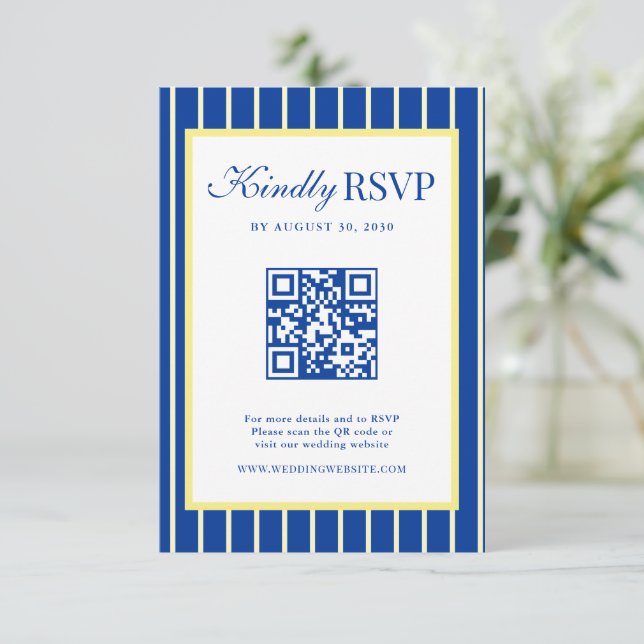 Cartons Réponse Code QR de mariage rayé bleu et jaune italien (Debout devant)