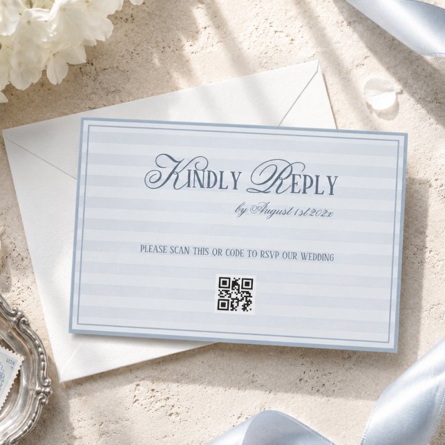 Cartons Réponse code QR de mariage rayé bleu pastel (Créateur téléchargé)