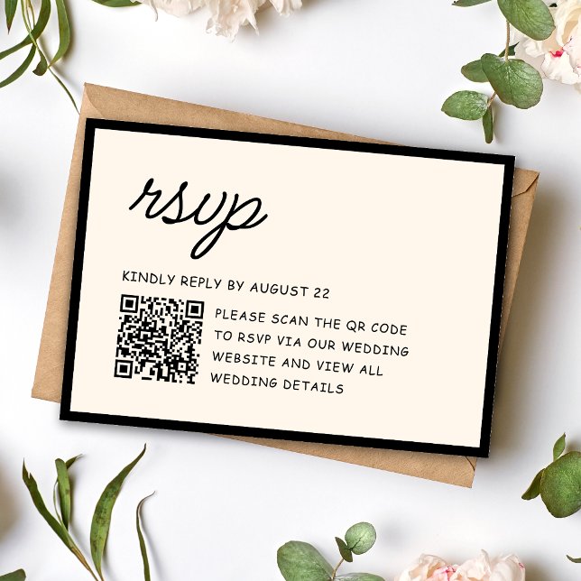 Cartons Réponse Code QR de mariage rétro noir et ivoire (Retro black and ivory QR code RSVP card makes guest replies quick and stylish.)