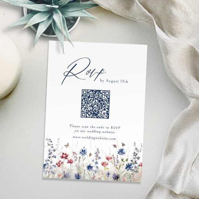 Cartons Réponse Code QR de mariage rustique à fleurs sauvages bleu (Navy Blue Wildflower Rustic Wedding QR code RSVP Card)