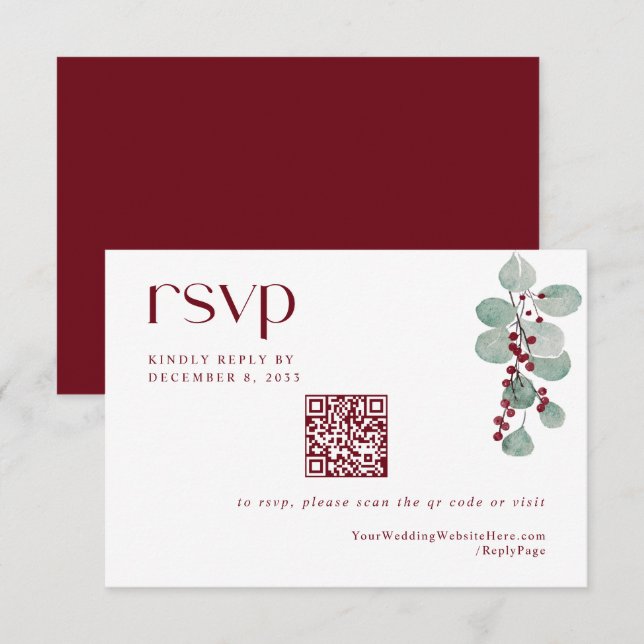 Cartons Réponse Code QR de mariage simple de vacances de Bourgogne (Devant / Derrière)