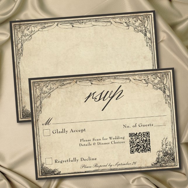 Cartons Réponse Code QR de mariage sur parchemin gothique médiéval (Vintage Gothic Medieval Parchment Wedding QR RSVP Card)
