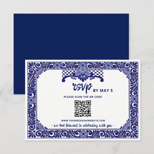 Cartons Réponse Code QR de mariage Talavera bleu de la marine mexi (Devant / Derrière)
