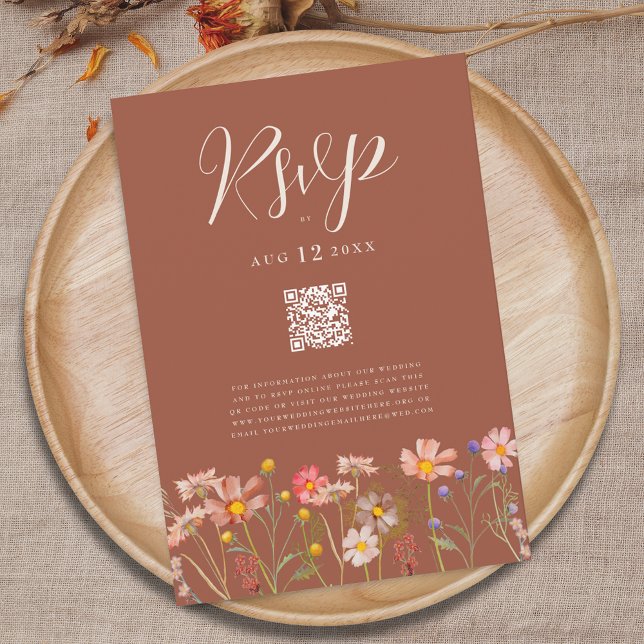 Cartons Réponse Code QR de mariage terracotta Bohème automnal à fl (Wildflower boho fall floral terracotta rust beige wedding qr code RSVP card)