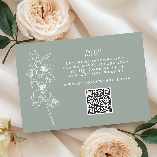 Cartons Réponse Code QR de mariage vert sauge botanique (Botanical Sage Green Wedding QR Code RSVP Card)