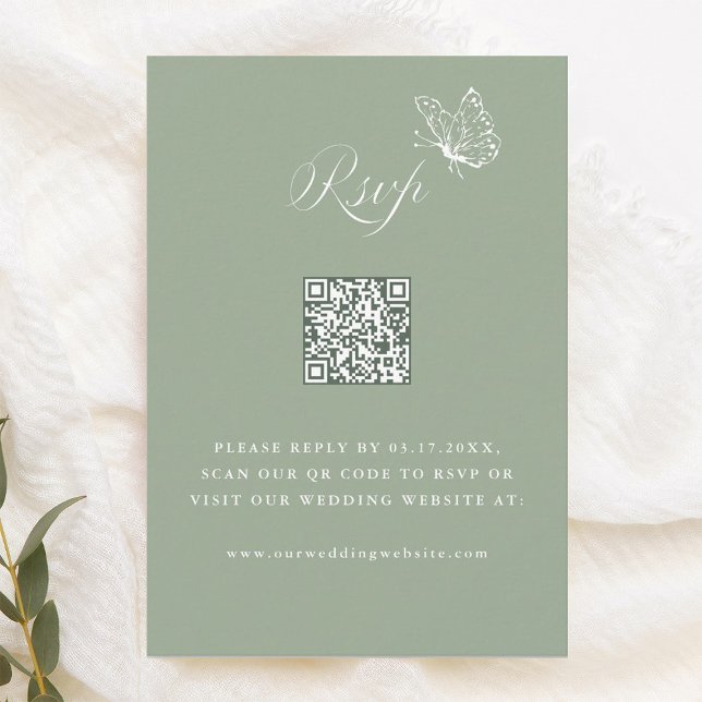 Cartons Réponse Code QR de mariage vert sauge Calligraphie élégant (Créateur téléchargé)