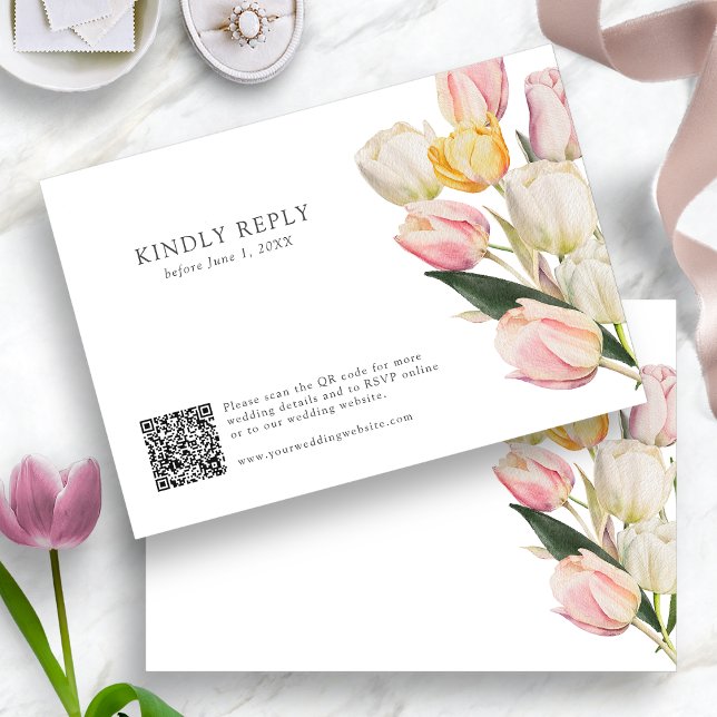 Cartons Réponse Code QR de printemps (Spring Watercolor Tulips QR Code RSVP Card by Painted Paperie
)